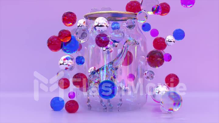 Diamond giraffe walks inside a transparent glass jar. Blue, red, transparent, metallic bubbles fly around. 3d animation