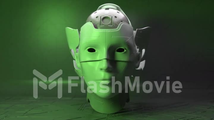 Head of robot opens the upper shell and shows the internal structure of the brain and skull. AI. Sci-fi. 3d animation