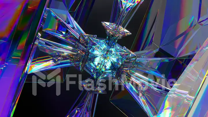 Columns of diamond connected in the center by a luminous cube rotate on an abstract background. Complex mechanism
