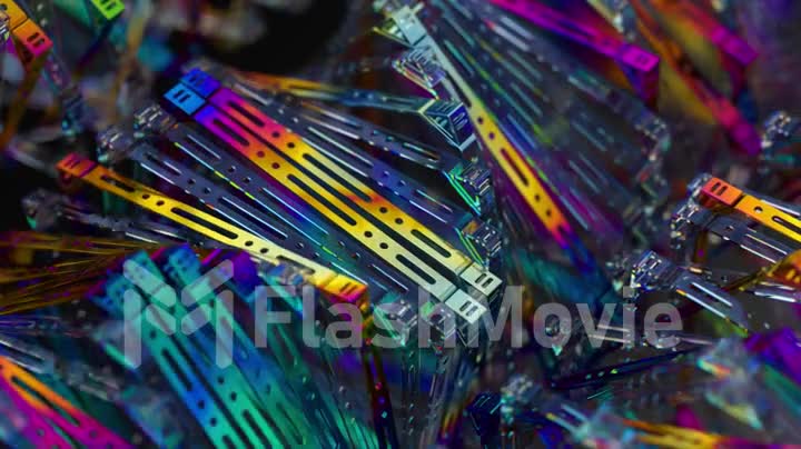 Abstract concept. A stack of plastic floppy disks with a metallic sheen rotates back and forth. Rainbow. 3d animation