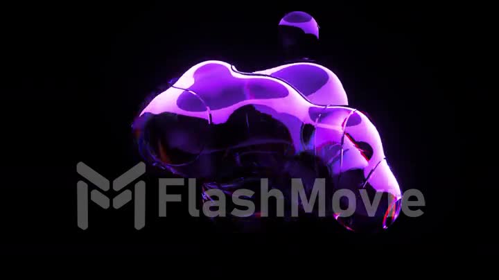 Liquid neon gel moves and divides into bubbles on dark background. Advertising. Metal. 3d animation of a seamless loop