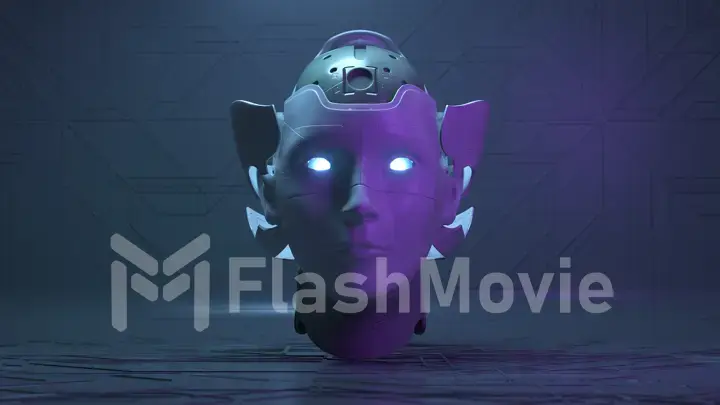 Futuristic concept. The robot's ceramic head opens to reveal a metallic brain and neon eyes. Blue neon.