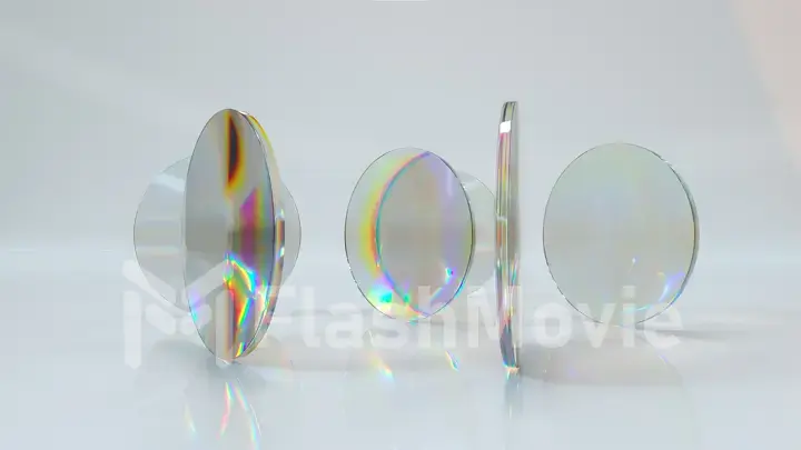 Abstract concept. Transparent round flat lenses rotate on a light background. Light refraction. 3d illustration