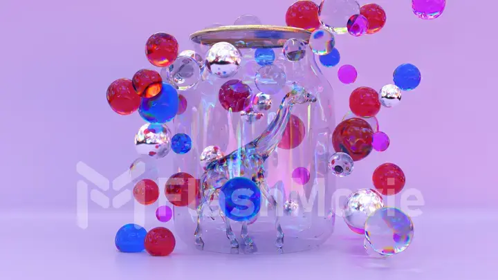 Diamond giraffe walks inside a transparent glass jar. Blue, red, transparent, metallic bubbles fly around.