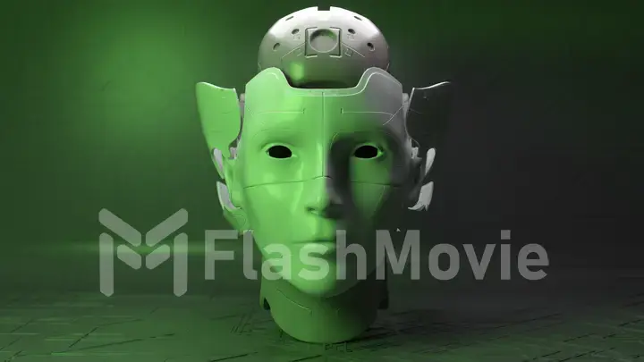 Head of robot opens the upper shell and shows the internal structure of the brain and skull. AI. Sci-fi. 3d illustration