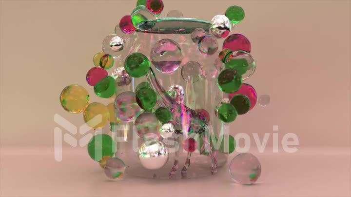 Diamond giraffe walks inside a transparent glass jar. Green, yellow, red, metallic bubbles fly around. 3d animation