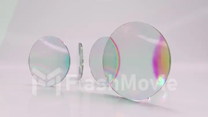 Abstract concept. Transparent round flat lenses rotate on a light background. Light refraction. 3d illustration