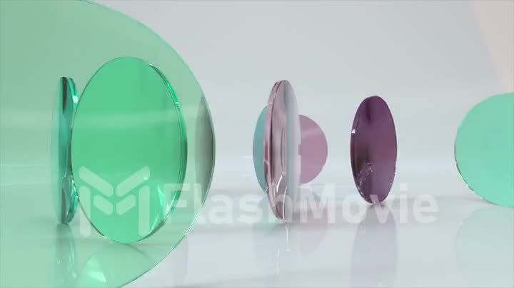 Colorful translucent blue purple glass lenses rotate and rotate on a light background. 3d animation of a seamless loop