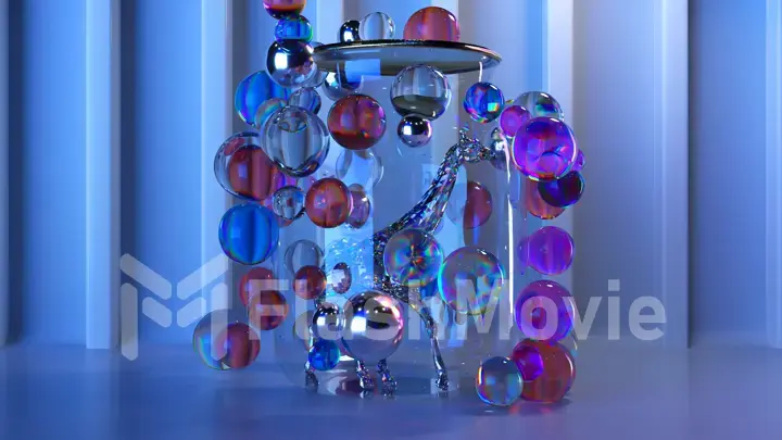 Holiday concept. Diamond giraffe walks inside a transparent jar surrounded by flying colorful balls. Dynamic background