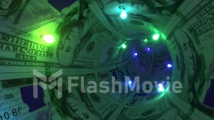 Flight from the first person through the money tunnel. Neon green blue garlands. Dollars. 3d animation