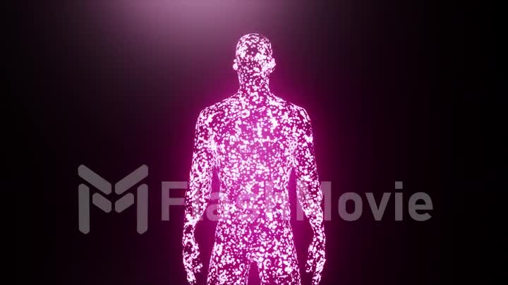 Visualization of AI. A human figure emerges from neon purple glowing particles. Dark abstract background. 3d animation.