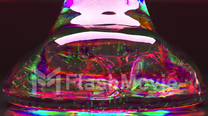 Abstract concept. Liquid gel diamond matter flows down onto a smooth glossy surface. Purple neon color. 3d animation