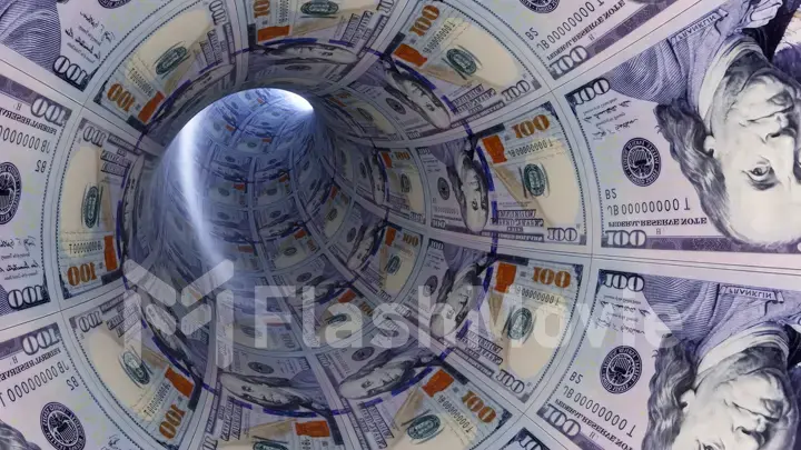 Finance concept. Flight through the tunnel of dollars. A light in the end of a tunnel. 3d illustration