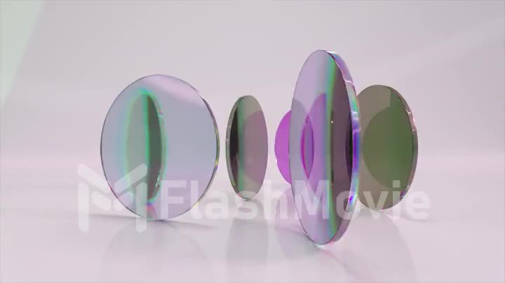 Colorful translucent glass blocks spin and rotate on white background lenses. 3d animation of seamless loop
