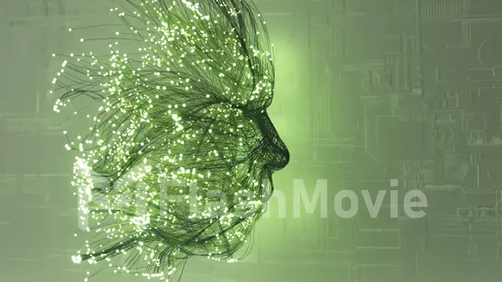 AI visualization concept. Bright green neon particles explode and create a hologram of a human face. Matrix.