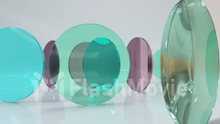 Colorful translucent blue purple glass lenses rotate and rotate on a light background. 3d illustration