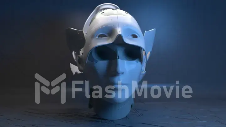Nanotechnology. The head of the robot opens the upper shell and shows the internal structure of the brain and skull. AI