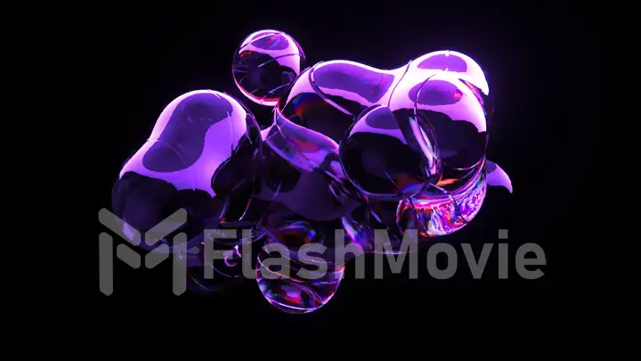 Abstract concept. Liquid neon gel moves and divides into bubbles on a dark background. Advertising. Metal. Purple.