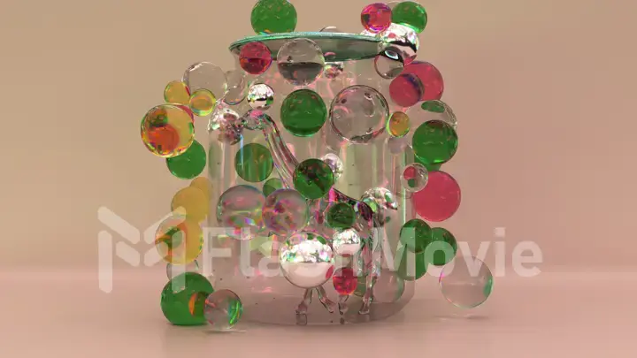 Diamond giraffe walks inside a transparent glass jar. Green, yellow, red, transparent, metallic bubbles fly around