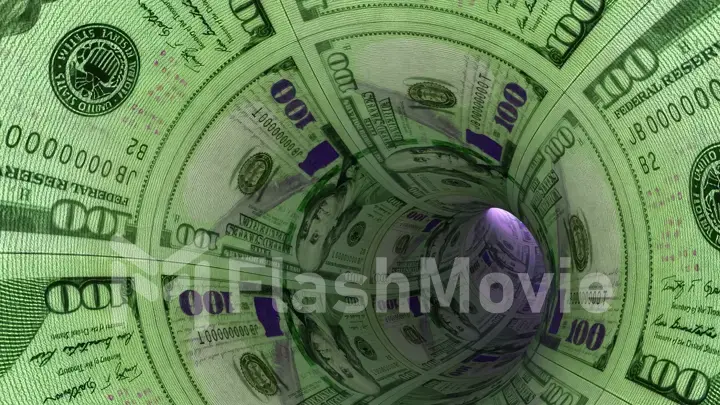 Finance concept. Flight through the tunnel of dollars. A light in the end of a tunnel. 3d illustration