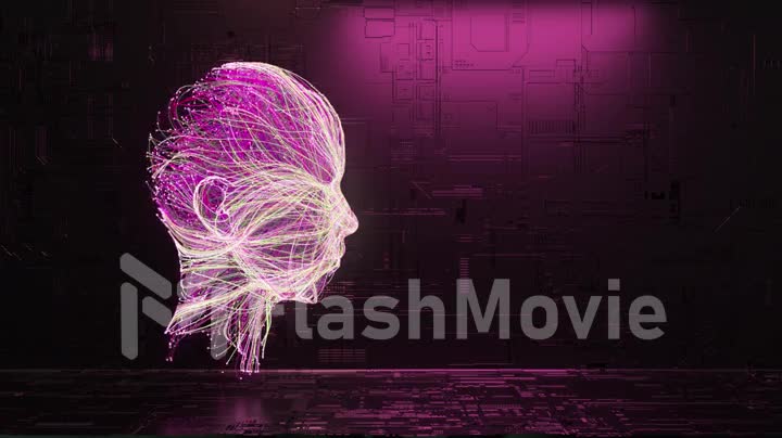 The concept of creating AI. The neural system is improved and creates a human face. Purple neon color. 3d animation