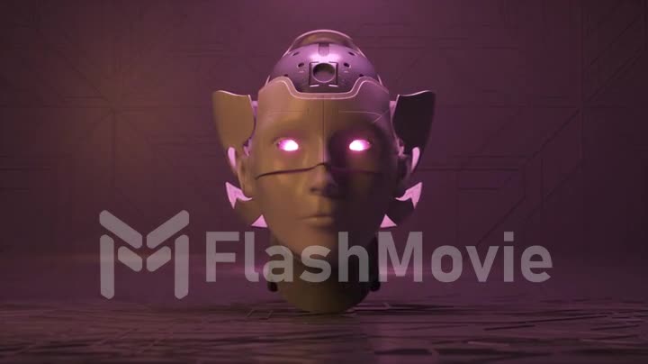 The robot's ceramic head opens to reveal a metallic brain and neon eyes. Close-up. Purple neon color. 3d animation.