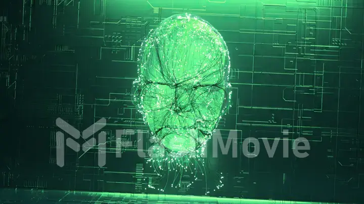 AI visualization concept. Bright green neon particles explode and create a hologram of a human face. Matrix