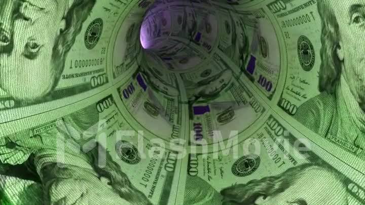 Finance and investment concept. Tunnel of money, dollars towards light. Cash Flow. 3d animation of a seamless loop
