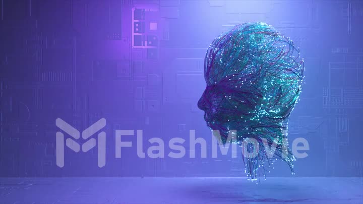 AI concept . The neural system is improved and creates a human face. Blue neon color. Abstract background. 3d animation
