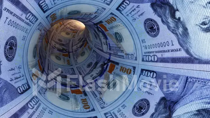 Finance and investment concept. Tunnel of money, dollars towards light. Cash Flow. Blue color. 3d illustration