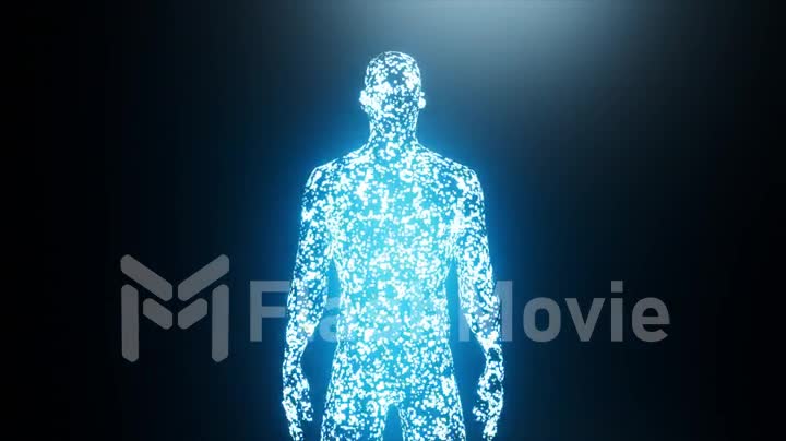 Visualization of AI. A human figure emerges from neon blue glowing particles. Dark abstract background. 3d animation.