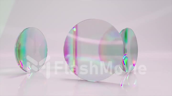 Abstract concept. Transparent round flat lenses rotate on a light background. Light refraction. 3D animation