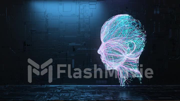 The neural connection creates the silhouette of a human head. Glowing particles. AI. Blue neon color. 3d animation.