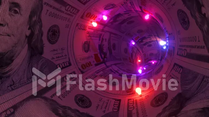 Flight from the first person through the money tunnel. Neon red, blue purple garlands. Dollars. 3d illustration