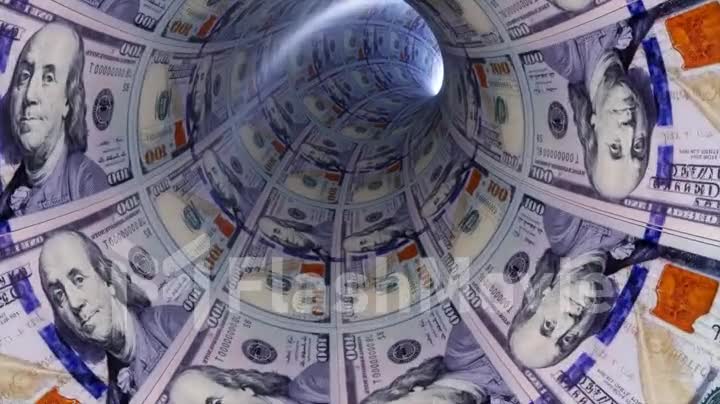 Finance concept. Flight through the tunnel of dollars. A light in the end of a tunnel. 3d animation of a seamless loop