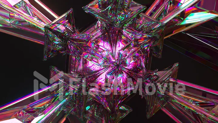 Columns of diamond connected in the center by a luminous cube rotate on an abstract background. Complex mechanism