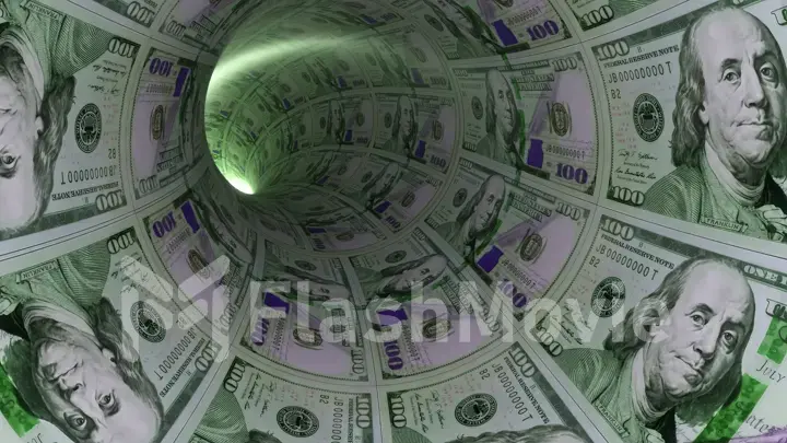 Finance and investment concept. Tunnel of money, dollars towards light. Cash Flow. Green color. 3d illustration