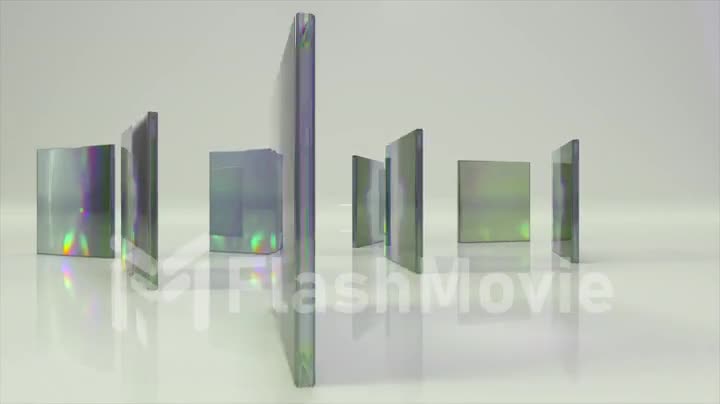 Colorful translucent glass blocks spin and rotate on white background lenses. 3d animation of seamless loop
