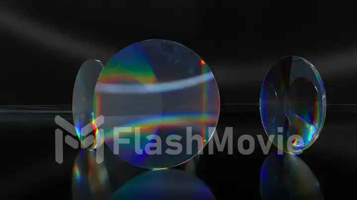 Abstract concept. Colorful translucent glass lenses rotate and rotate on a dark background. 3d illustration