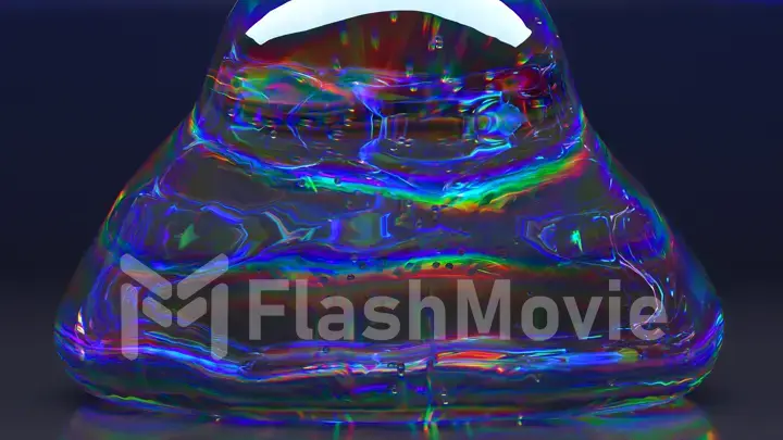 Transparent diamond gel liquid pouring on dark background. Blue neon color. Air bubbles. Slow motion. 3d illustration