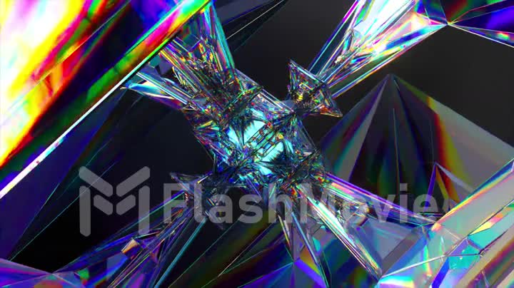 Columns of diamond connected in the center by a luminous cube rotate on an abstract background. Complex mechanism.