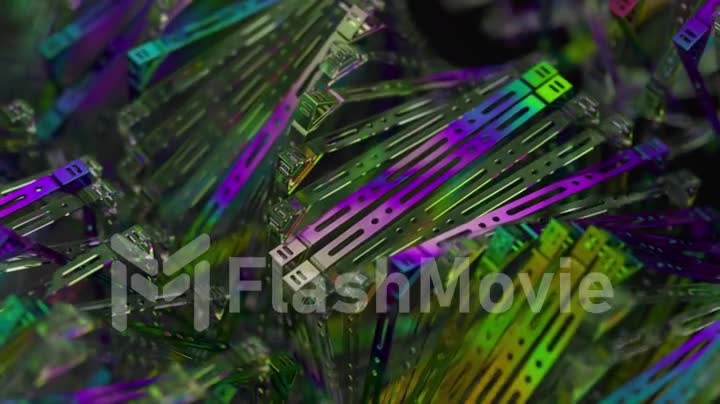 Abstract concept. A stack of plastic floppy disks with a metallic sheen rotates back and forth. Rainbow. 3d animation