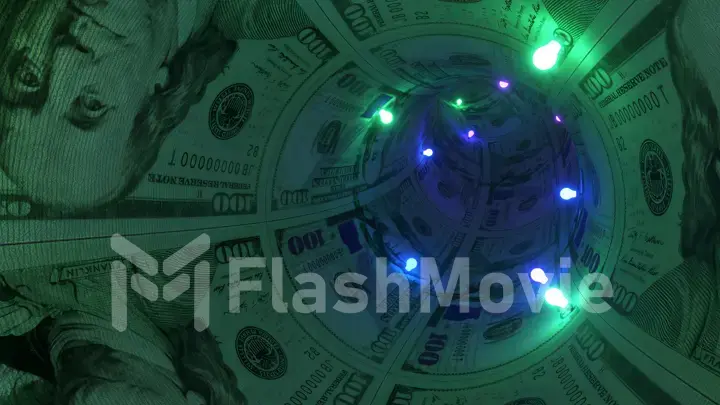 Flight from the first person through the money tunnel. Neon green blue garlands. Dollars. 3d illustration