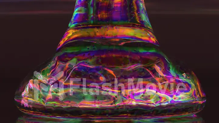 Transparent diamond gel liquid pouring on dark background. Purple neon color. Air bubbles. Slow motion. 3d illustration