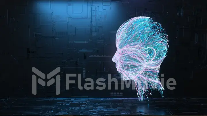 The neural connection creates the silhouette of a human head. Glowing particles. Artificial intelligence. Blue neon