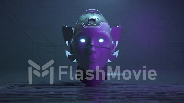 Futuristic concept. The robot's ceramic head opens to reveal a metallic brain and neon eyes. Blue neon. 3d animation