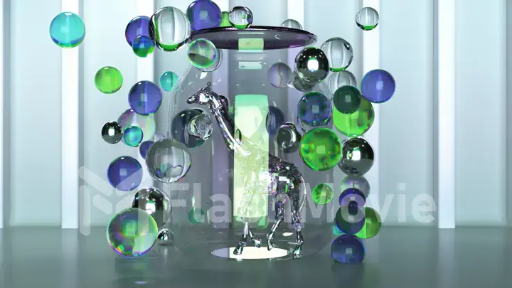 Holiday concept. Diamond giraffe walks inside a transparent jar surrounded by flying colorful balls. Dynamic background