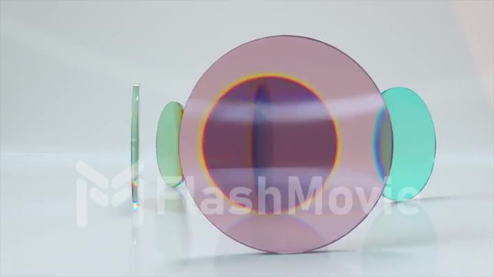 Abstract concept. Transparent round flat lenses rotate on a light background. Light refraction. 3D animation