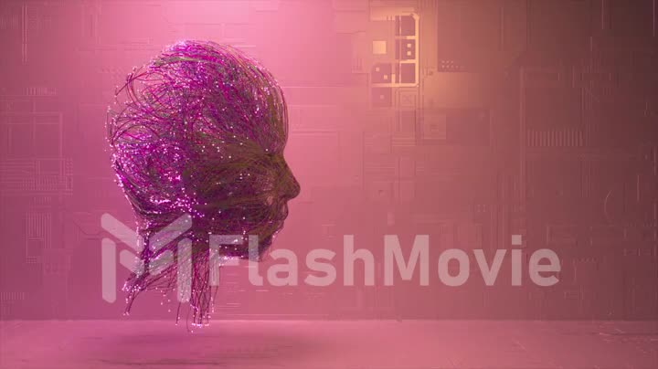 The neural connection creates the silhouette of a human head. Glowing particles. AI. Purple neon color. 3d animation.