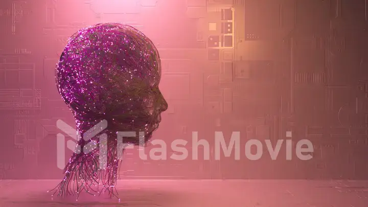 The neural connection creates the silhouette of a human head. Glowing particles. Artificial intelligence. Purple neon